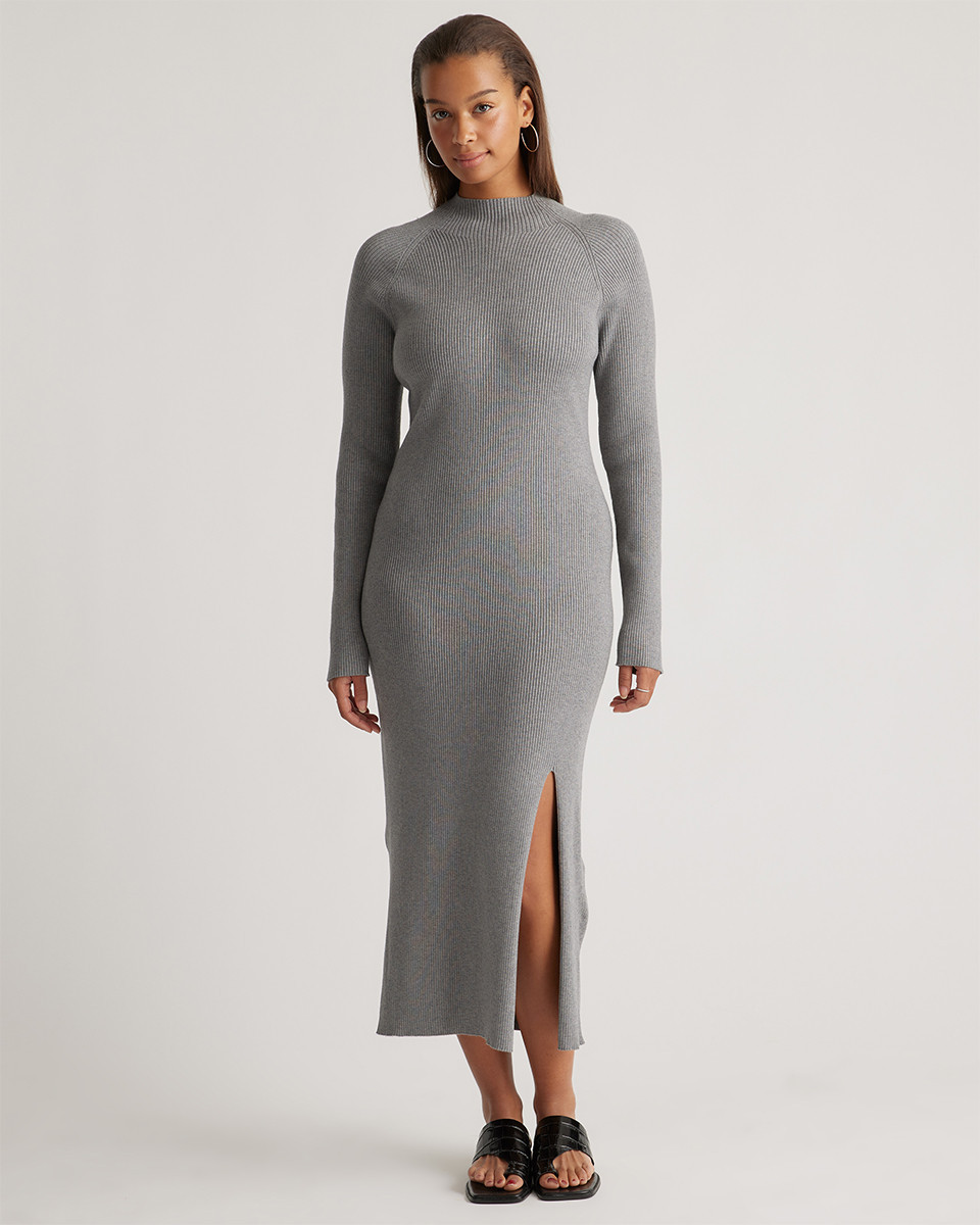 Quince | Women's Eco-Knit Ribbed Mock Neck Sweater Dress in Heather Grey, Size Medium, Viscose | Quince