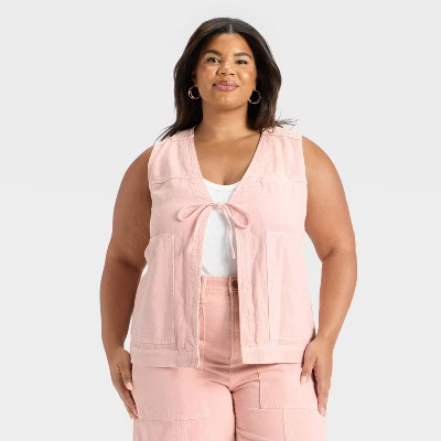 Women's Denim Tie-Front Utility Vest - Universal Thread™ Pink 4X | Target