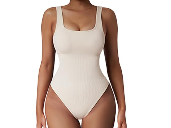 SUUKSESS Women Ribbed Sexy Bodysuit Sleeveless Square Neck Padded Tank Top | Amazon (US)