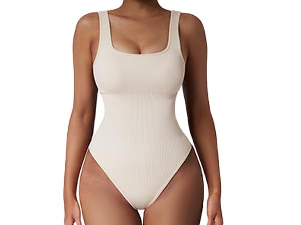SUUKSESS Women Ribbed Sexy Bodysuit Sleeveless Square Neck Padded Tank Top | Amazon (US)