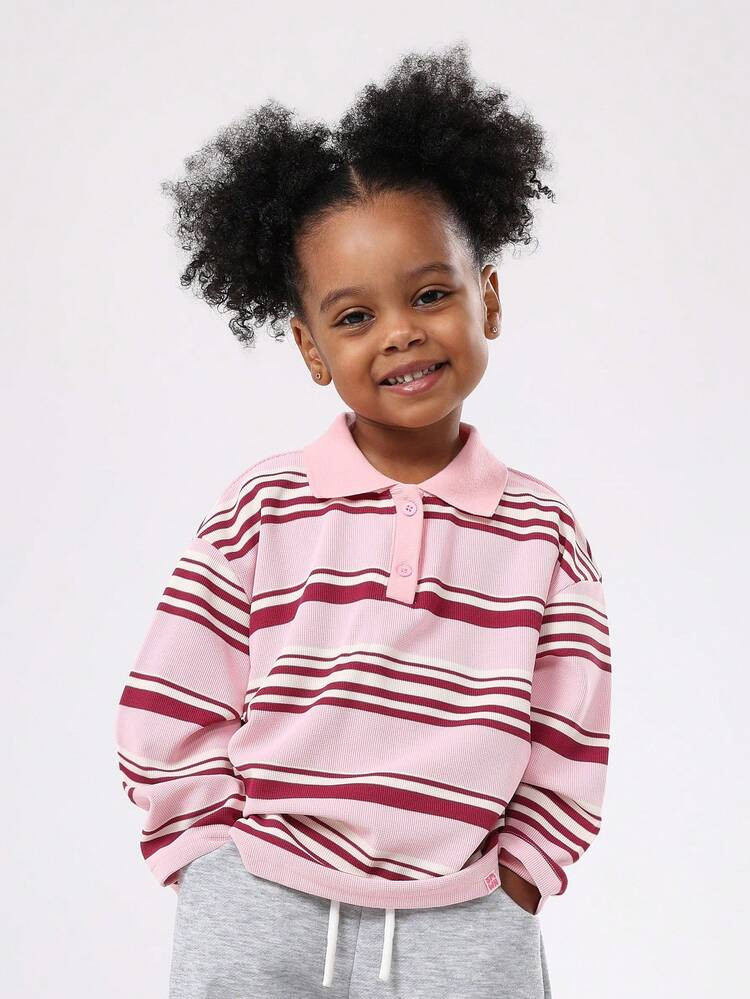 SUMWON Blusa De Manga Larga A Rayas Para Niñas, Estilo Preppy Retro Con Cuello Polo, De Punto Acanalado, Moda Casual Para Primavera Y Otoño, Ajuste Regular, Ropa Para Niños, Ideal Para Vacaciones | SHEIN