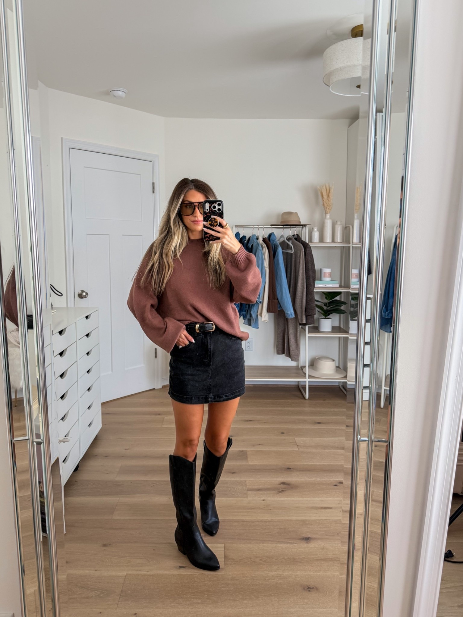 Casual chic amazon fall outfit 
+ brown sweater: small
+ black denim skort: xs
+ black boots: old so linking similar that I also own!

Amazon outfits
Amazon fashion 
Amazon style
Thanksgiving outfit 
Fall date night outfit
Amazon prime day

#LTKootd #LTKSeasonal #LTKPetite
