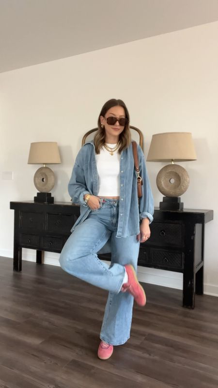 4/25/24 Denim on denim with a pop of pink denim shirt, oversized denim shirt, button up denim shirt, wide leg bagsy jeans, wide leg Levi jeans, levi baggy jeans, alohas sneakers, pink sneakers, pink alohas sneakers, spring fashion 2024, spring outfits
2024, spring fashion trends 2024