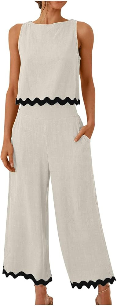 Womens 2 Piece Summer Outfits Trendy 2024 Cropped Tank Top and Wide Leg Pants Matching Loungewear... | Amazon (US)
