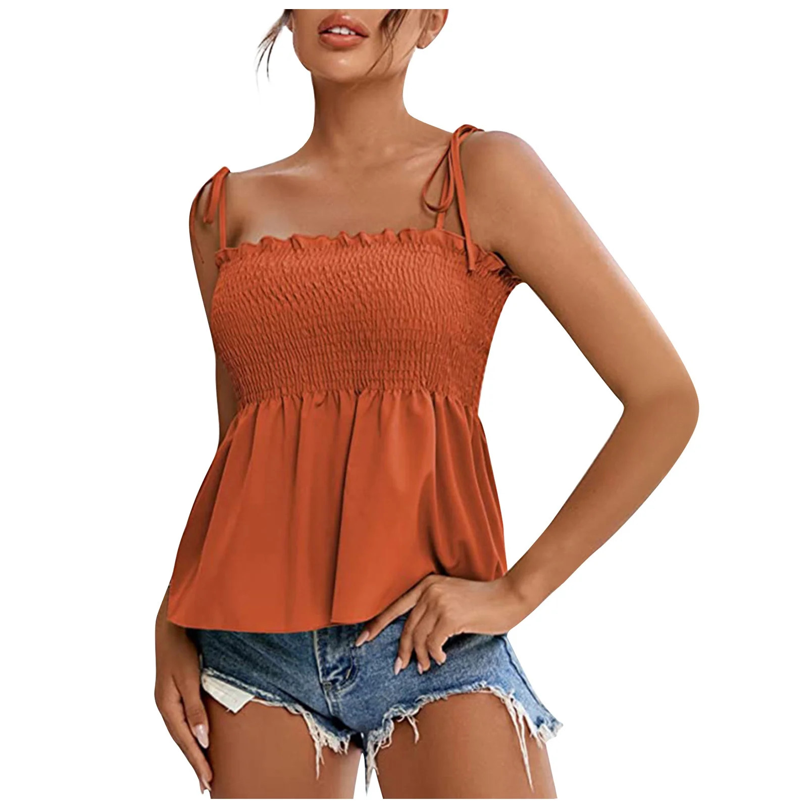 Hfyihgf Ruffle Smocked Tank Tops for Women Summer Square Neck Sleeveless Tops Tie Shoulder Spaghetti Strap Blouse Babydoll Peplum Cami Shirts(Orange,L) - Walmart.com | Walmart (US)