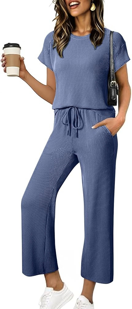 SHEWIN Women Casual Two Piece Sets Ribbed Knit Outfits Airport Pant Clothes 2026 | Amazon (US)