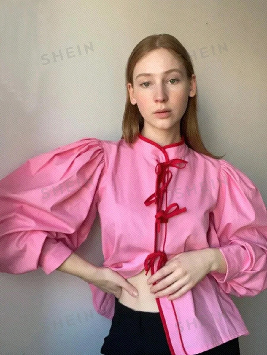 SHEIN Essnce Ladies' Pink Bow Tie Ribbon Button Down Shirt Wet Shirt Summer Shirt Tie Front | SHEIN