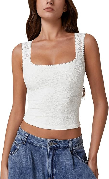 QINSEN Women's Lace Trim Square Neck Sleeveless Double-Layer Tank Top | Amazon (US)