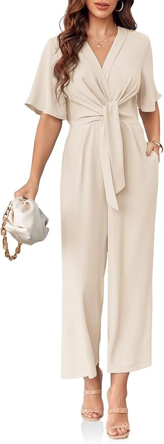 Cicy Bell Women's Elegant V Neck Jumpsuits Dressy Casual Short Sleeve Wide Leg Long Pants Rompers | Amazon (US)