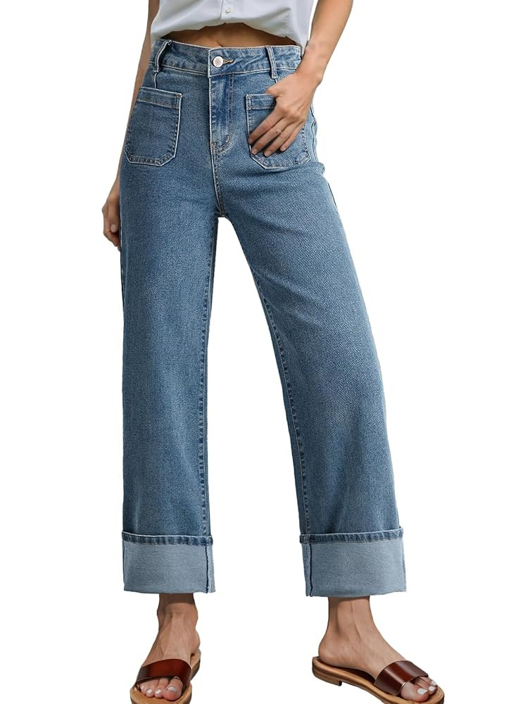 EVALESS Womens Jeans High Waisted Stretchy Cuffed Wide Leg Denim Pants with Pockets | Amazon (US)