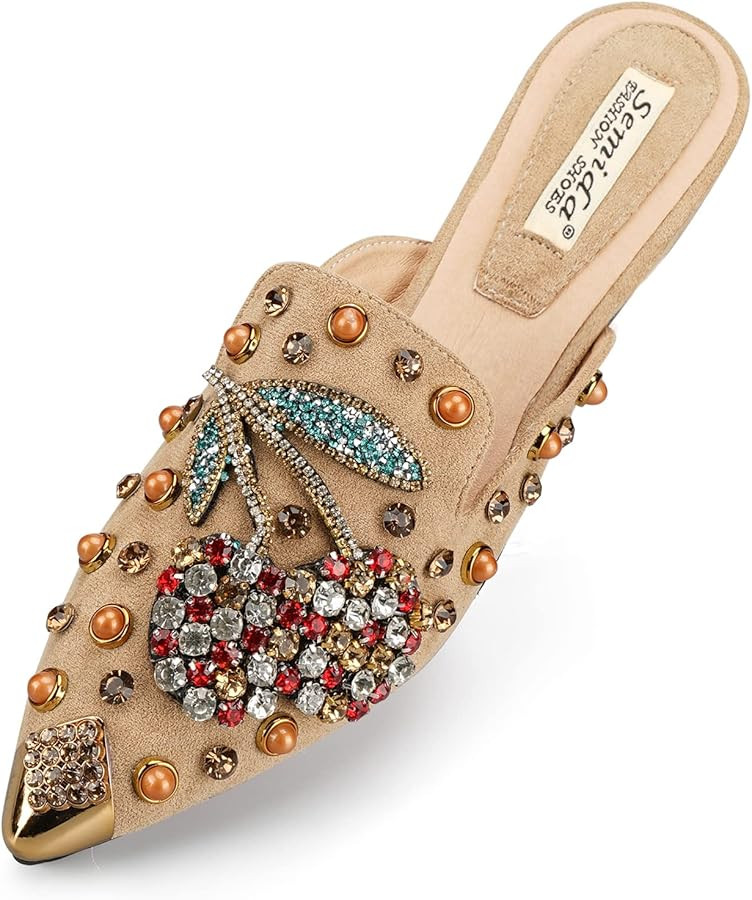 Mules for Women Flats Comfortable Soft Memory Foam Insole Cherry Pointed Rivet Mule Shoes | Amazon (US)