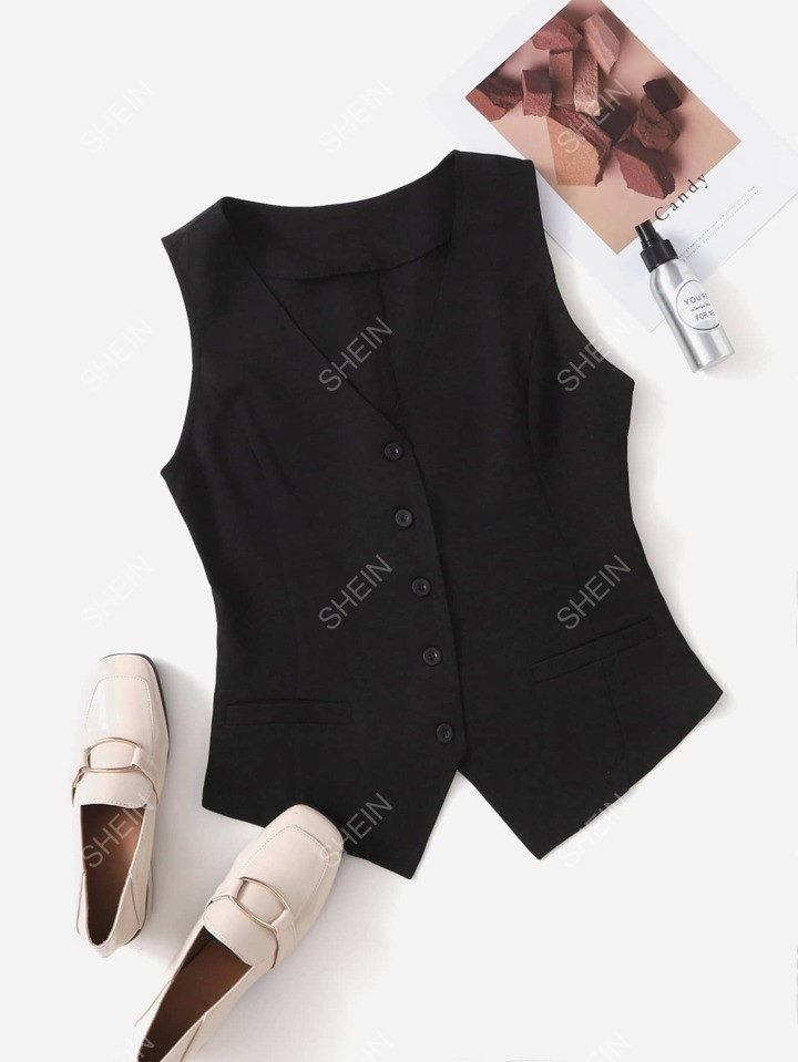 SHEIN Mulvari Solid Button Front Waistcoat | SHEIN