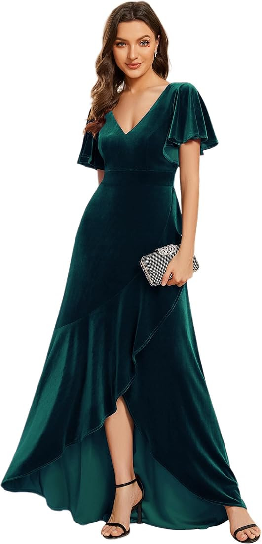 Ever-Pretty Women's Velvet Ruffle Sleeve V-Neck Wrap Waist Maxi Dress High Low Wedding Guest Dres... | Amazon (US)