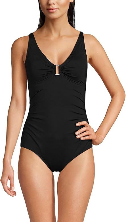 Lands' End Womens Chlorine Resistant V-Neck Hardware One Piece Swimsuit | Amazon (US)