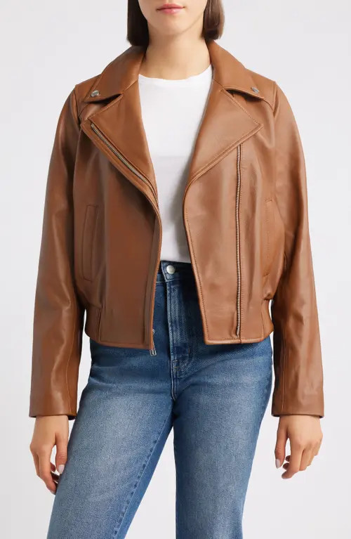 Michael Kors Moto Bomber Leather Jacket in Cognac at Nordstrom, Size Large | Nordstrom