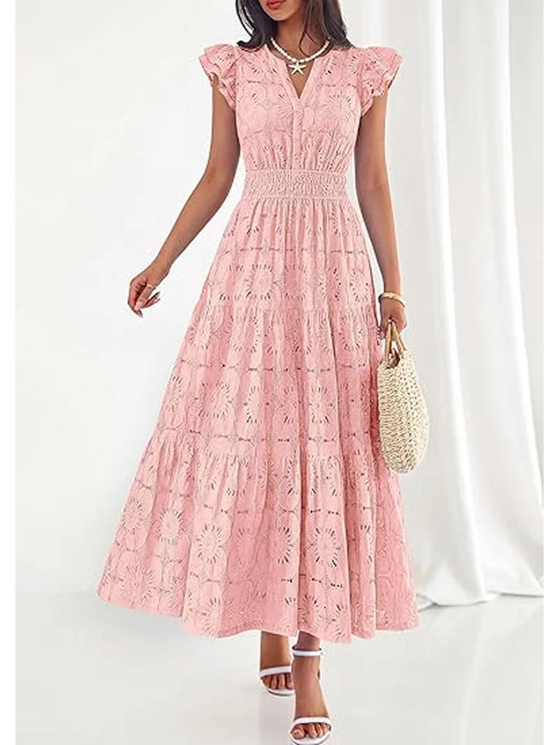 PRETTYGARDEN Womens Boho Maxi Dresses Summer Floral Lace Eyelet V Neck Spring Wedding Guest Dress... | Walmart (US)