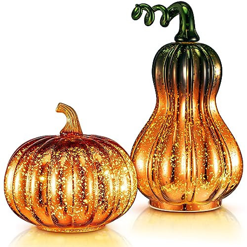 Baquler 2 Pcs Thanksgiving Glass Pumpkin Lights Gold Pumpkin Centerpiece with LED Lights Battery Operated Glass Blown Pumpkin for Seasonal Fall Home Decor Table Kitchen Decorations, 2 Styles | Amazon (US)