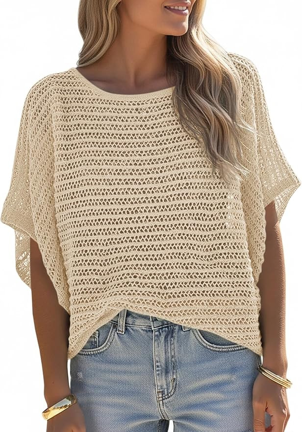 Saodimallsu Womens Crochet Tops Summer Batwing Short Sleeve Oversized Sweater Boat Neck Mesh Knit... | Amazon (US)