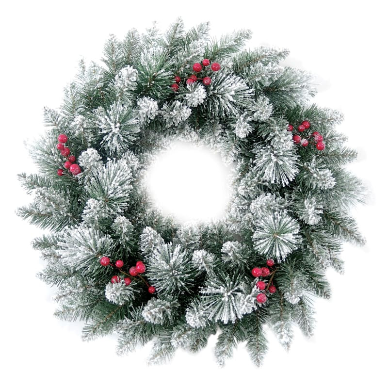 110-Tip Flocked Pine & Berry Wreath, 24" | At Home