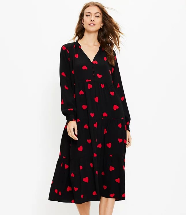 Heart Tiered Button Midi Swing Dress | LOFT | LOFT