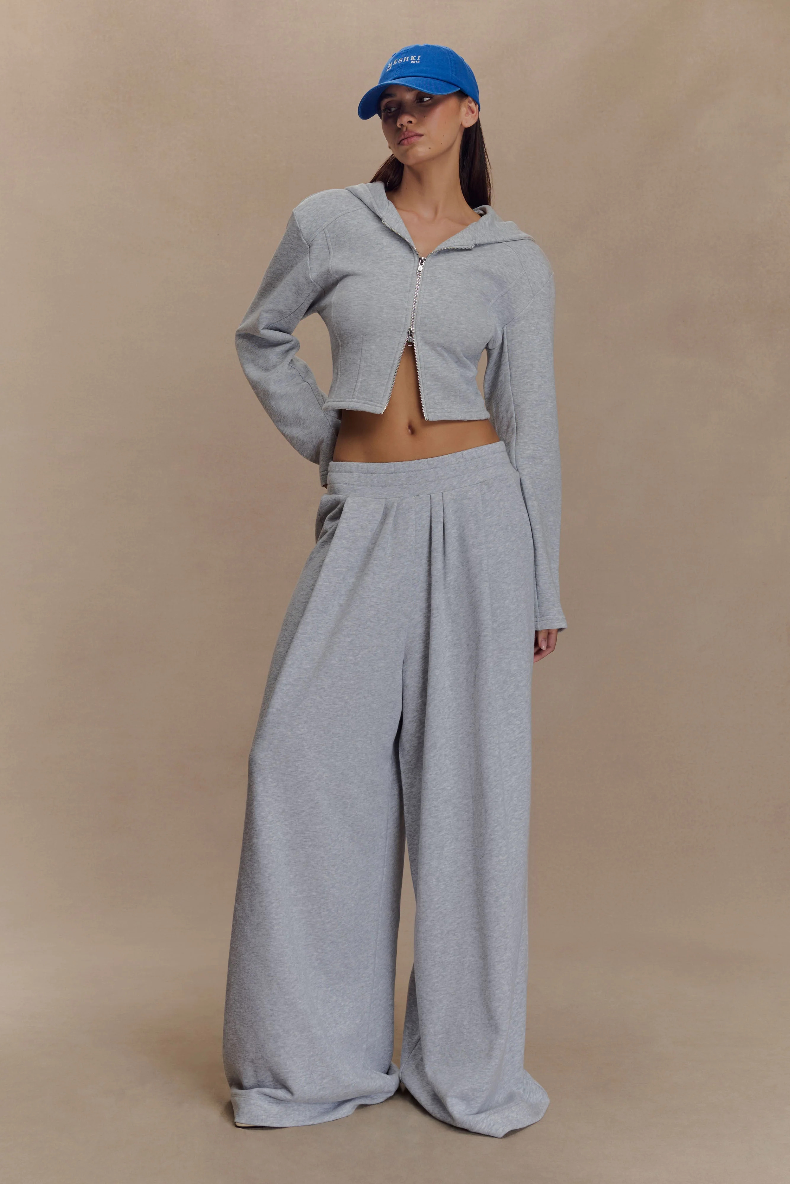 Gathered Wide Leg Jogger - Light Grey Marle | MESHKI US