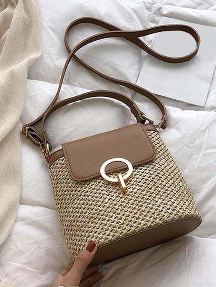 Summer New Simple Grass Woven One Shoulder Beach Bag Casual Texture Crossbody Bucket Bag | SHEIN
