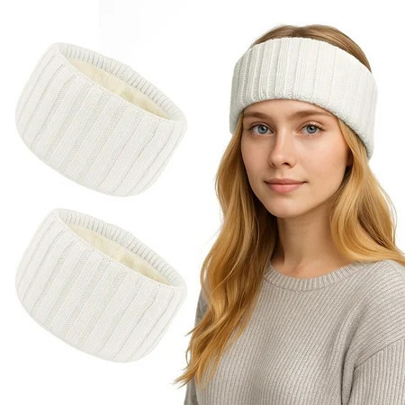 TOPTIE 2 Pcs Ear Muffs Headbands for Winter Women, White Knit Thick Ear Warmers Fleece Headband Lined Furry Cable Head Wrap | Walmart (US)