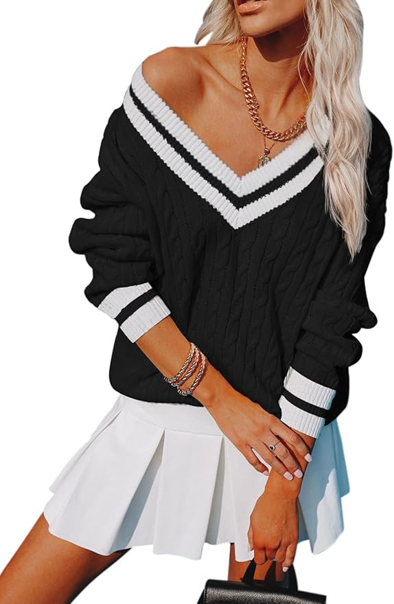 Womens V Neck Oversized Sweaters Long Sleeve Cable Knit Pullover Striped Chunky Sweater Casual Te... | Amazon (US)