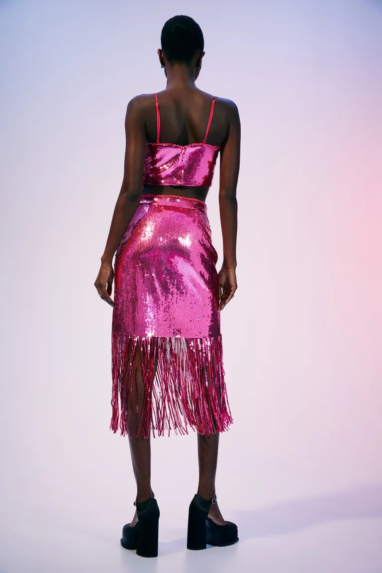 Fringe-hem Sequined Skirt - Cerise/sequins - Ladies | H&M US | H&M (US + CA)