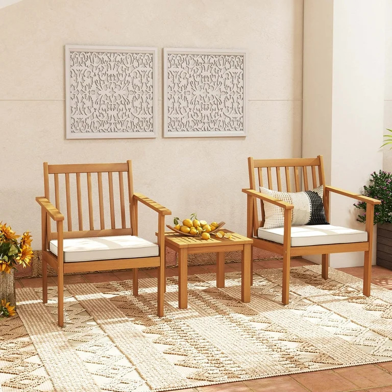 Costway 3 PCS Patio Wood Furniture Set Acacia Wood Chairs & Coffee Table with soft Cushions White... | Walmart (US)