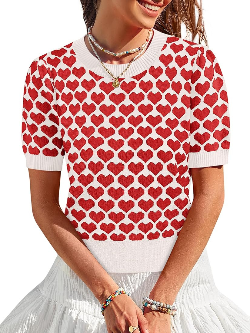Women Puff Short Sleeve Sweater Casual Cropped Knit Shirts Cute Heart Valentines Graphic Print Pu... | Amazon (US)