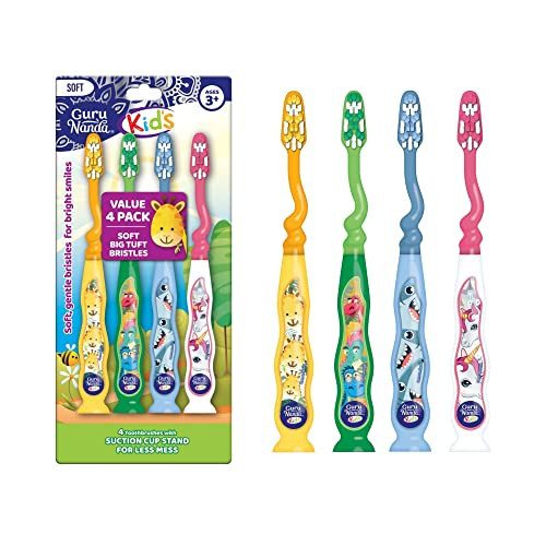 GuruNanda Kids Toothbrush with Suction Cup & Fun Animal Designs - Soft Bristles for Healthy Gums- Non-Slippery & Mess-Free Toothbrush, 3+ Age- 4 Count | Amazon (US)