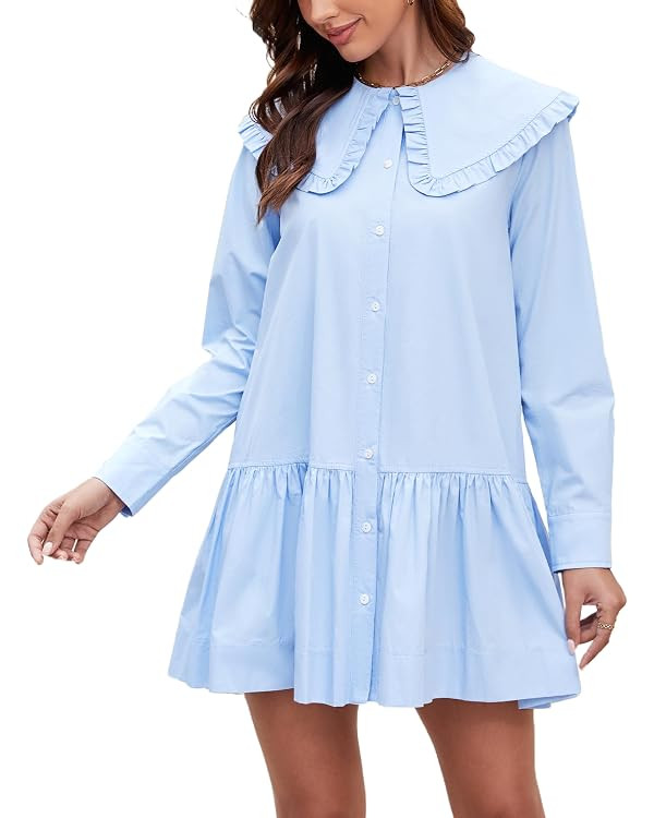 Kedera Women Shirt Mini Dress Button Down Ruffle Dress Long Sleeves Shift Dresses Peter Pan Colla... | Amazon (US)