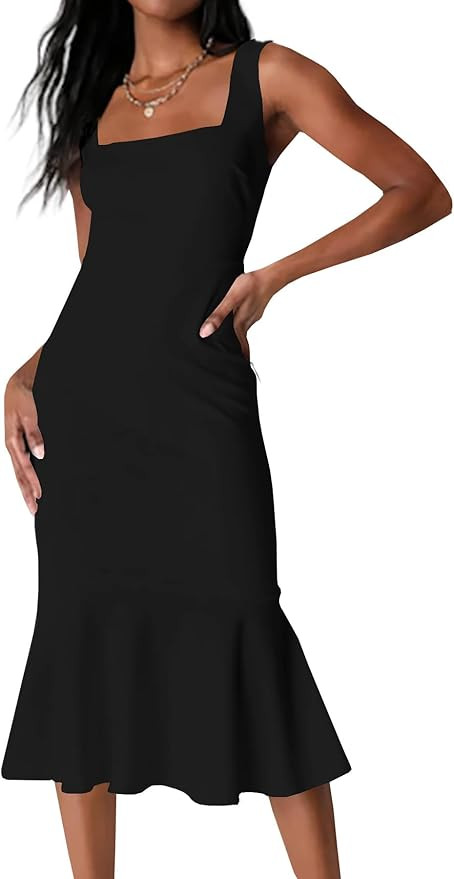 Misng Women's Square Neck Ruffle Hem Tank Midi Dress Elegant Sleeveless Bodycon Sexy Slim Tight F... | Amazon (US)