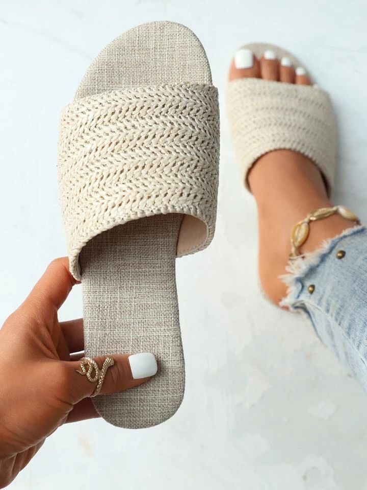 Women Braided Detail Single Band Slide Sandals, Vacation Solid Minimalist Outdoor Fabric Flat San... | SHEIN