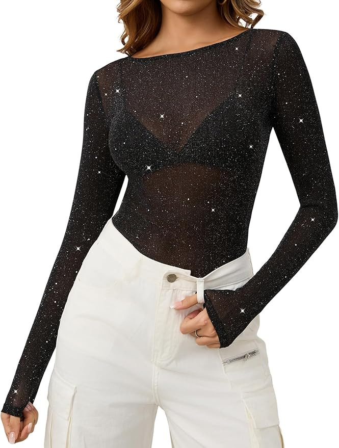 KTILG Womens Lace Long Sleeve Boat Neck Tops Embroidery Sheer Blouse Sexy See Through Shirt Mesh ... | Amazon (US)