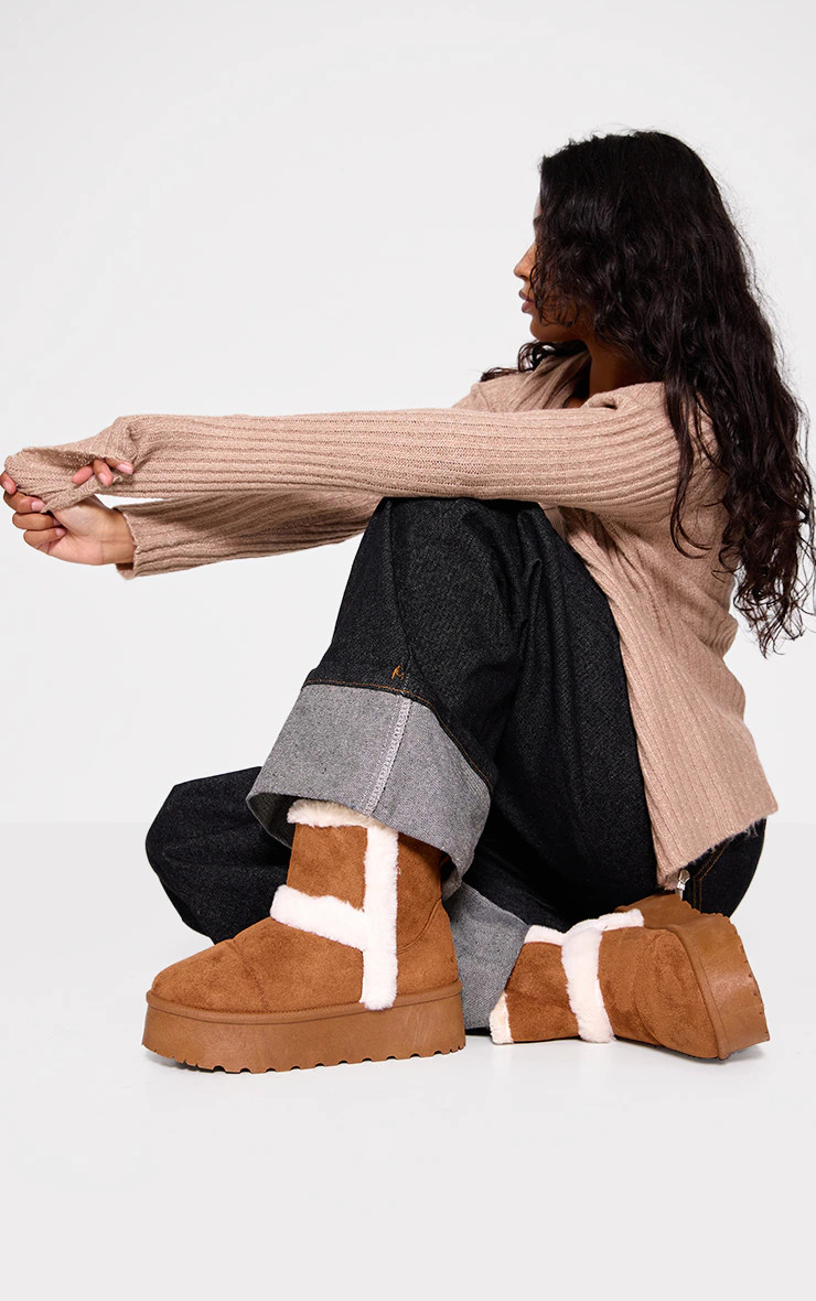 Chestnut Round Toe Faux Fur Ankle Boots | PrettyLittleThing US