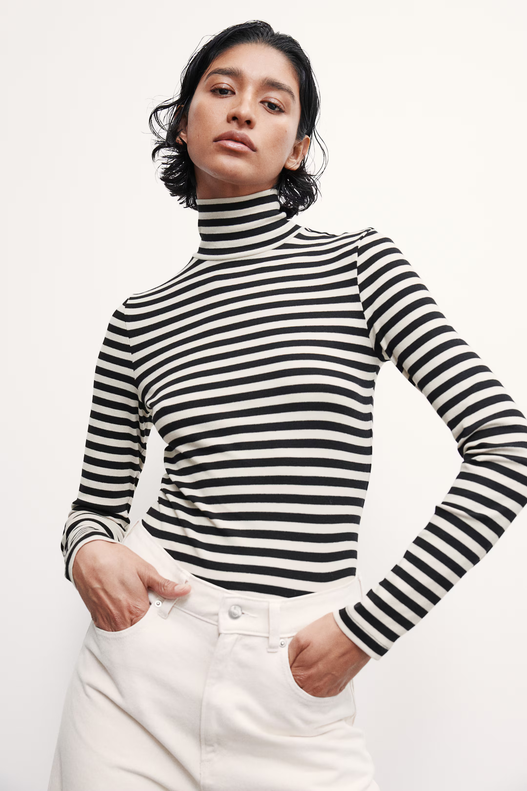 Modal-blend Turtleneck Top - Turtleneck - Long sleeve - Black/striped - Ladies | H&M US | H&M (US + CA)