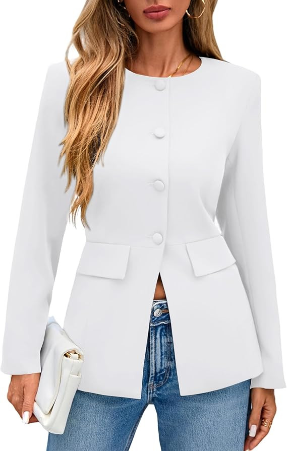 Lazysmile Blazers for Women Long Sleeve Crewneck Button Down Suit Jackets Work Office Business Ca... | Amazon (US)