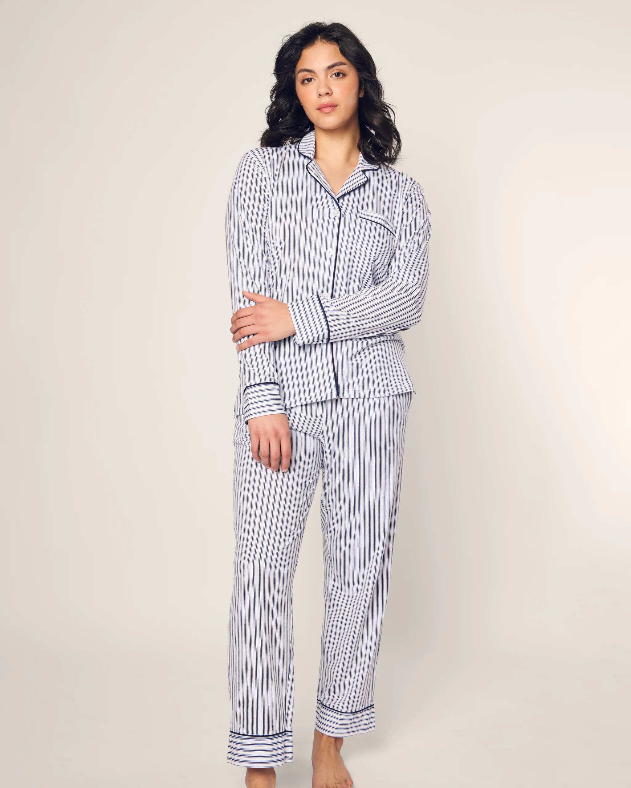 Women's Pima Pajama Set in Navy French Ticking | Petite Plume