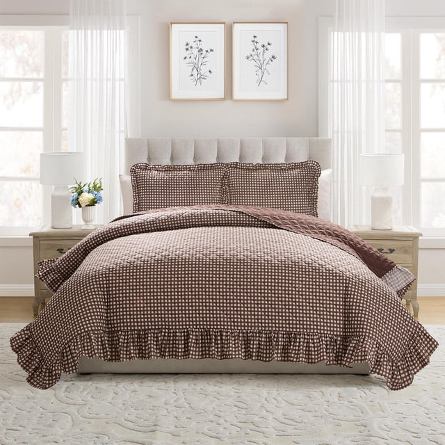 My Texas House Gingham Ruffle 3-Piece Brown Adult Quilt Set, Full/Queen | Walmart (US)