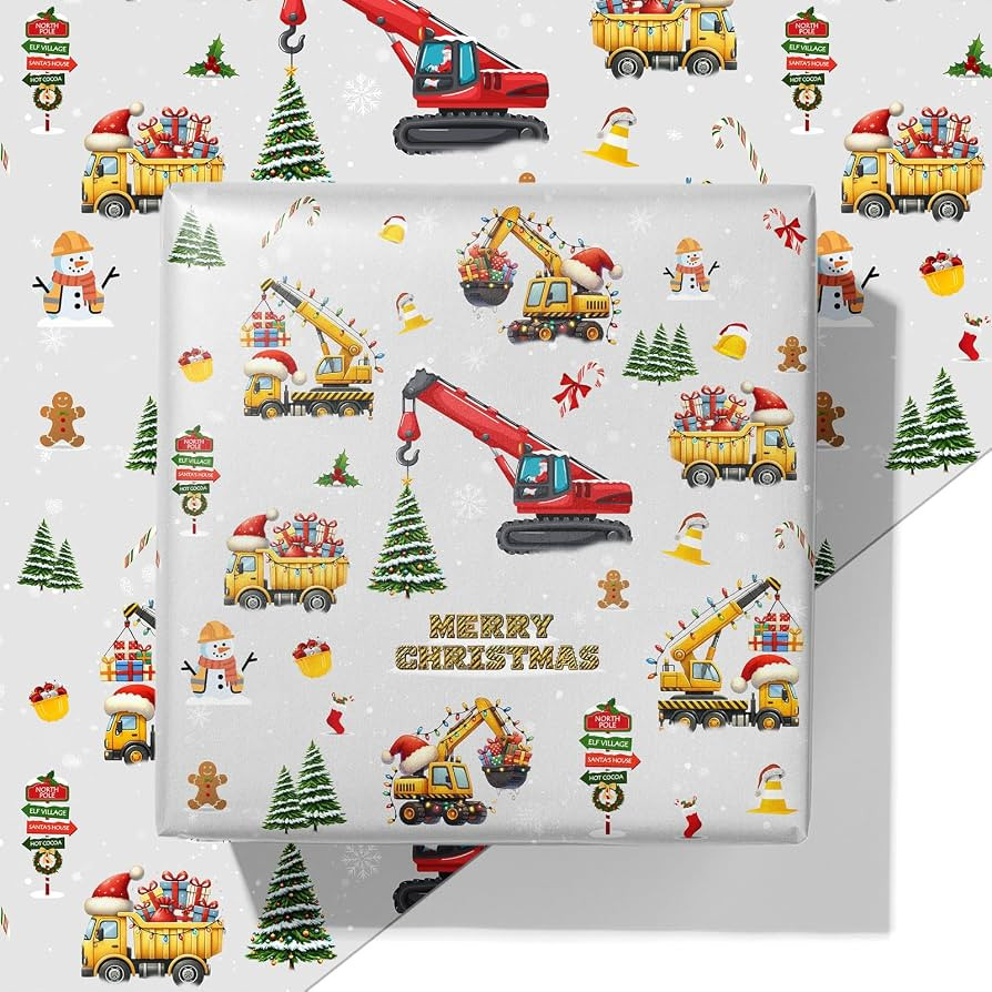 ZINTBIAL Construction Truck Christmas Wrapping Paper - Xmas Gift Wrap with Excavators, Santa,Tree... | Amazon (US)