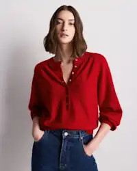 100% Mongolian Cashmere Dolman Sleeve Henley Sweater in Varsity Red | Quince