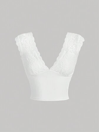 SHEIN MOD Patchwork Lace V-Neck Cropped Camisole Top | SHEIN