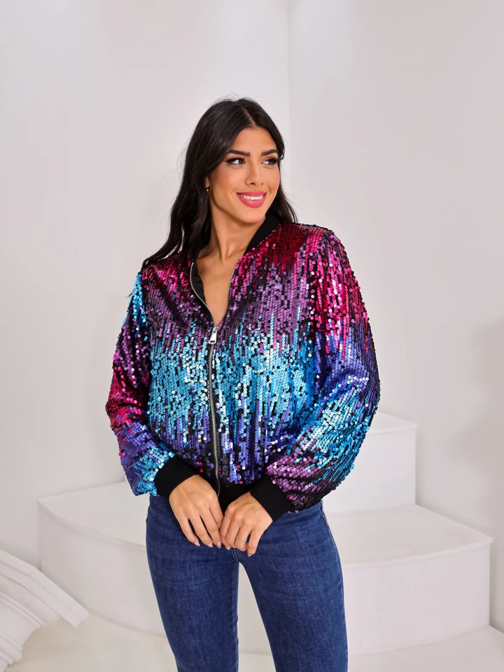 CHIC CORAL Casaco em Paetê com Zíper | SHEIN