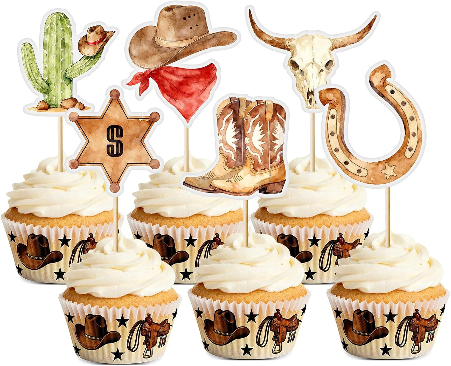48 Pcs Western Cowboy Cupcake Toppers Rodeo Party Decorations, Cowgirl Cowboy Boots Hat Cake Picks for Country Farm Barn Birthday Supplies | Amazon (US)