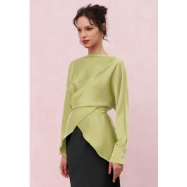 Boat Neck Crisscross Waist Satin Top in Lime | Chicwish