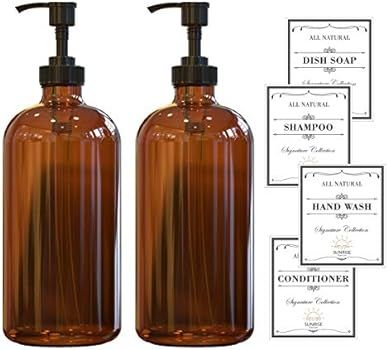 SUNRISE PREMIUM 2-Pack 16 Oz Amber Glass Hand Soap Dispenser with Plastic Pump, Refillable Soap P... | Amazon (US)