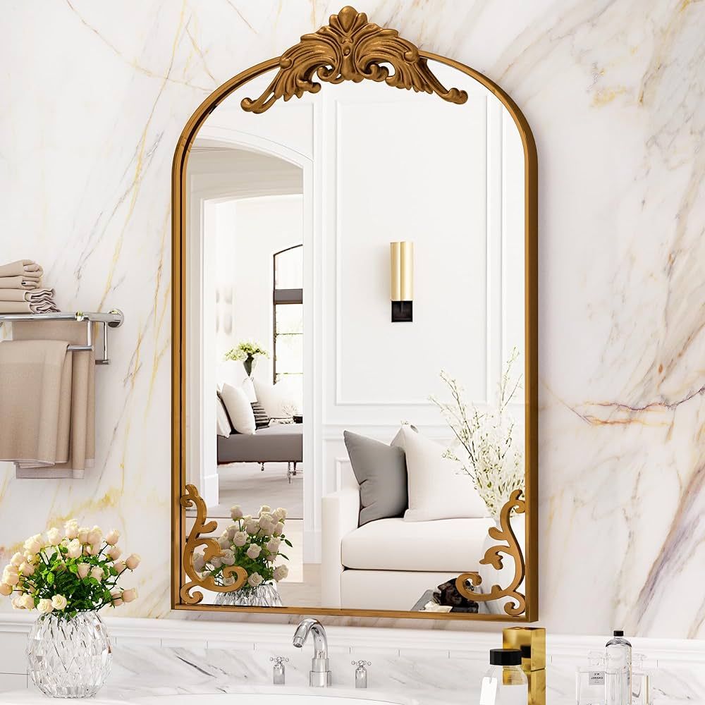 Suidia Arched Wall Mirror, Vintage Carved Frame Mirror 22" x 32" Gold Antique Metal Frame Bathroo... | Amazon (US)