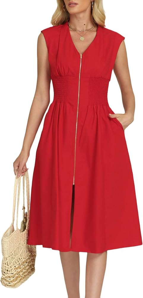 Smocked Waist Dress for Women Zip Up Cap Sleeve V Neck Casual Flowy Midi Dresses with Pockets | Amazon (US)